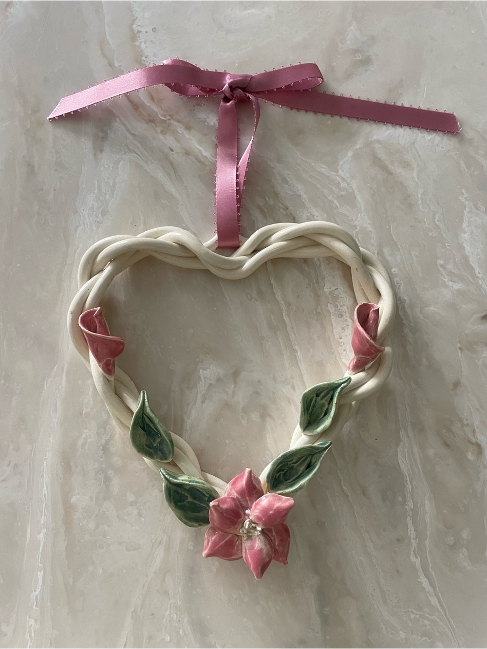 Pottery Ceramic Braided Heart Lily Pink Flowers Green Leaves Ribbon Hanging